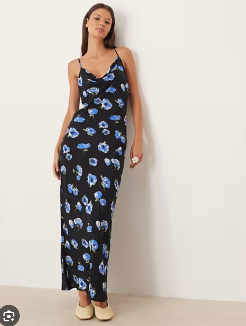 NWT Mango Black Slip Maxi Dress with Blue Floral Print